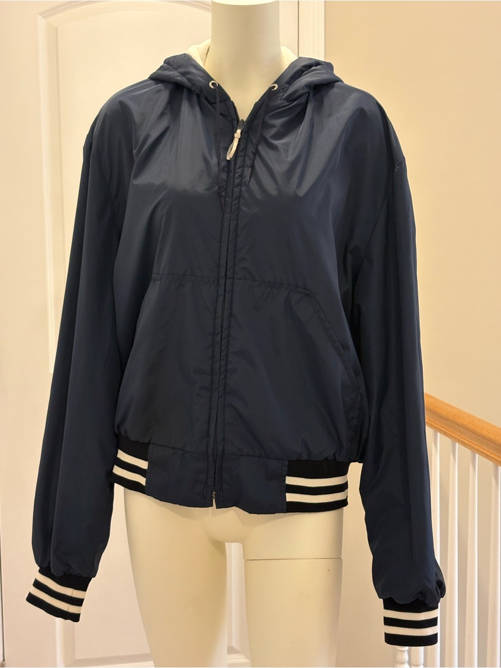 Vintage L.L. Bean Navy Hooded Bomber Jacket with Striped Cuffs